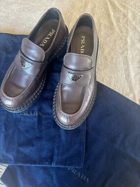 Prada Dark Brown Leather Lug Sole Penny Loafers